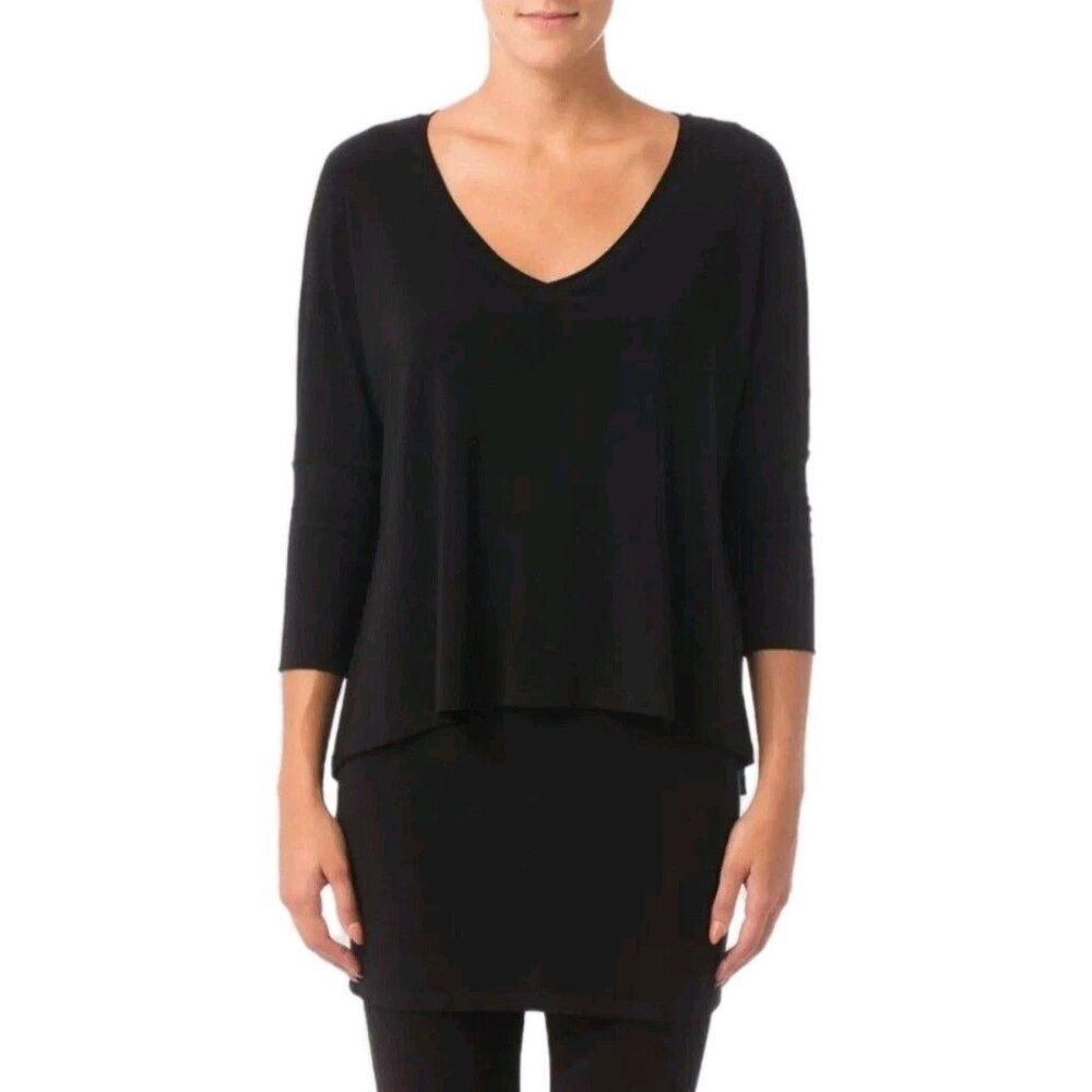 Joseph Ribkoff Tunic Top Black Women Size 6 V Neck Layered Stretch 3/4 Sleeve